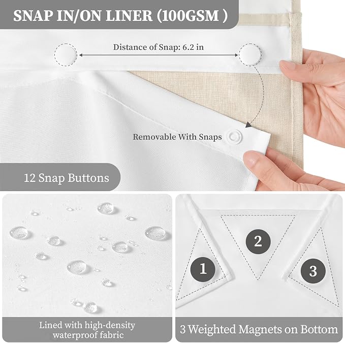 Cream Ringless Linen Textured Shower Curtain with Snap in Liner, 72x75 | 3 in 1 Hotel Shower Curtain Set, Removable Liner, Waterproof & Washable, Mesh Top Window, Durable Fabric, Easy to Install