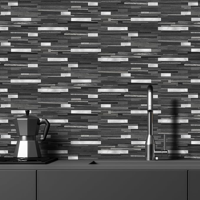 STICKGOO 20 Sheets Peel and Stick Backsplash Tile, Stick on Backsplash for Kitchen and Bathroom, Black Grey Wood Look PVC Mixed Metal Silver Self Adhesive Wall Tiles
