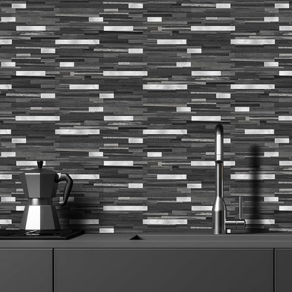 STICKGOO 20 Sheets Peel and Stick Backsplash Tile, Stick on Backsplash for Kitchen and Bathroom, Black Grey Wood Look PVC Mixed Metal Silver Self Adhesive Wall Tiles