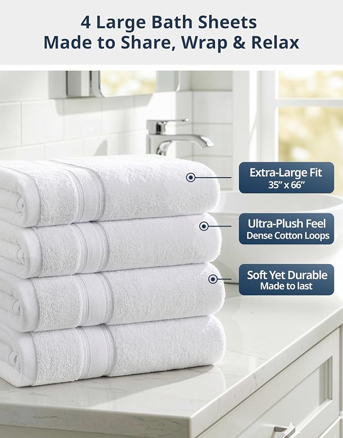 LANE LINEN Bath Sheets 100% Cotton 4 Pack Oversized Soft - White | Oversized Shower Sheets - Generously Sized, Oversized & Roomy, Lightweight & Breathable, Fade-Resistant Color