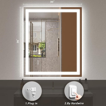 30x36 LED Lighted Bathroom Mirror for Vanity Wall | Front Light and Backlit, Anti-Fog, Memory, 3 Color, Tempered Glass, Dimmable, Rectangular, UL, Horizontal/ Vertical Mounted