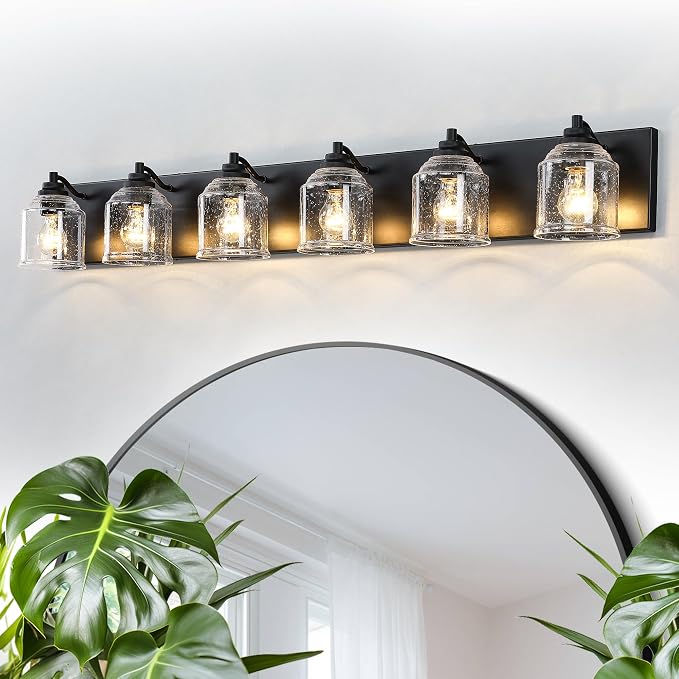 6-Light Bathroom Vanity Lights Large 48in with Bubble Glass Shades | Farmhouse Rustic style, Matte Black Metal Base, E26 Ceramic Socket, UL&ETL Listed, Up&Down Mountable, Hardwired, over Mirror