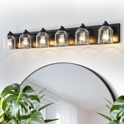 6-Light Bathroom Vanity Lights Large 48in with Bubble Glass Shades | Farmhouse Rustic style, Matte Black Metal Base, E26 Ceramic Socket, UL&ETL Listed, Up&Down Mountable, Hardwired, over Mirror
