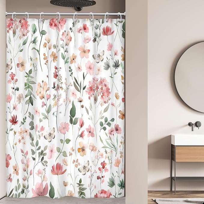 Pink Blush Coral Flower Floral Narrow Leaves Bathroom Shower Curtain Set | 48"W x 72"H Wildflower Plants; waterproof HD print, quick-dry fabric and plastic hooks for easy setup.