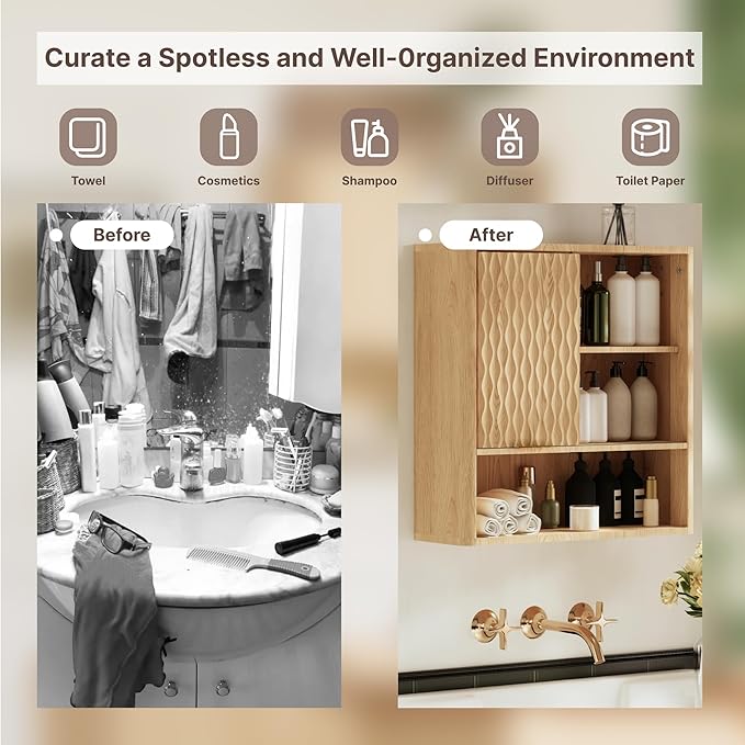 Bathroom Wall Cabinet, Modern Medicine Cabinet with Sliding Door, Storage Cabinet Wall Mounted for Kitchen Dining Room Living Room, Natural Oak