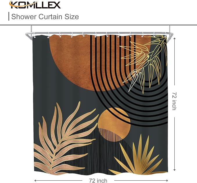 Mid Century Brown Black Boho Abstract Modern Bathroom Shower Curtain Set | 72Wx72L Plant Botanical design, waterproof HD print with fast-drying fabric and 12 hooks.
