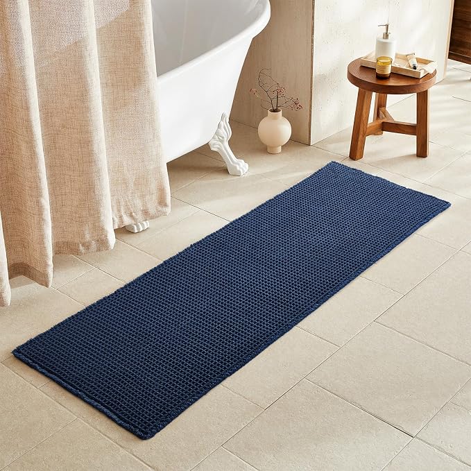 TYUU Waffle Runner Rug Bathroom, Long Boho Bath Mat, 72x24 Navy Blue | Super Absorbent Quick Dry Bath Rug, Non-Slip Backing, Soft Waffle Washable Farmhouse Bathroom Mats, Tub, Shower & Home Decor