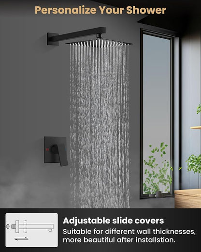 Airuida 10 Inch Matte Black Shower Faucet Set,Shower Valve Kit | Rainfall Shower Head and Handle Set,Female Thread Rough-in Valve Shower Kit,Single Function Shower System