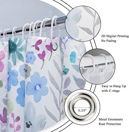 Blue Grey Floral Cute Boho Wildflower Trendy Bathroom Shower Curtain Set | 72"W x 72"H Watercolor Leaves; waterproof HD print, quick-dry fabric with 12 hooks for easy hanging.