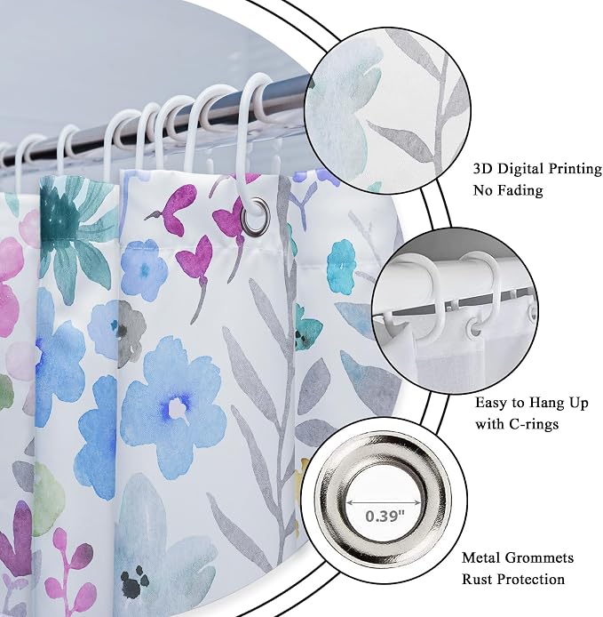 Extra Long Blue Grey Floral Wildflower Boho Art Bathroom Shower Curtain Set | 72"W x 84"H Watercolor Leaves; waterproof HD print, quick-dry fabric with 12 hooks for easy hanging.