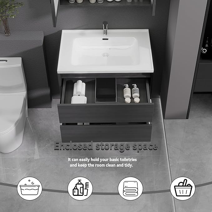 Grey Floating Bathroom Vanity with Sink, 31x18 Inch Wall Mounted Bathroom Cabinet with 2 Drawers, Modern Single Sink Vanity for Small Bathroom, Space-Saving Storage Cabinet