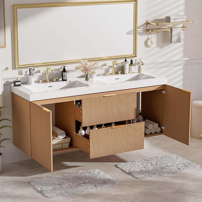 60" Bathroom Vanity with Sink Combo, Floating Double Sink Bathroom Vanity with SMC Resin Top, MDF Cabinet with Solid Wood Frame, Wall-Mounted Bath Room Vanities for Large Bathrooms, Wood