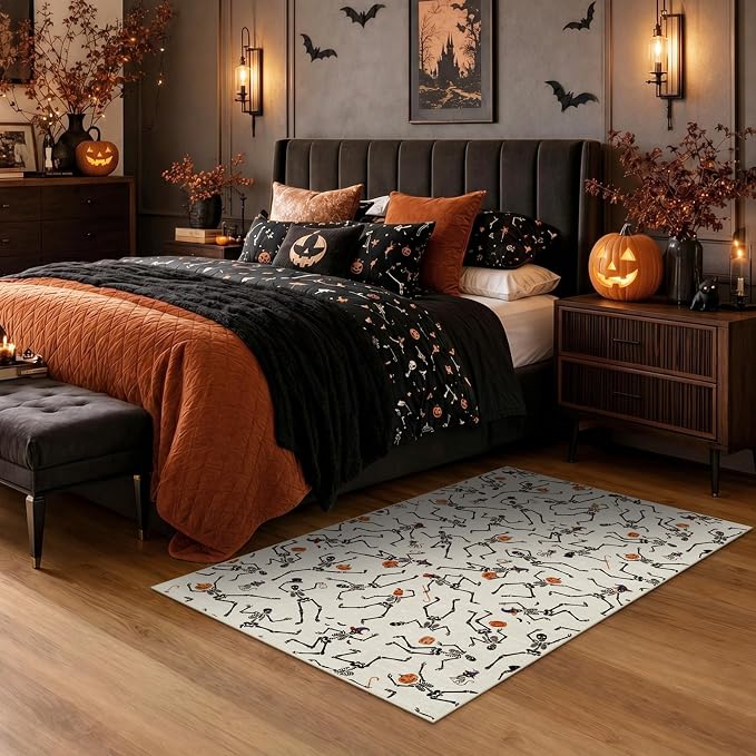 Tribesigns Washable 3x5 Halloween Area Rugs for Entryway Door, Ultra Thin Non-Slip Kitchen Rug, Funny Skeleton Indoor Carpet for Office Bathroom Living Room Kids Bedroom Decor, Beige/3x5