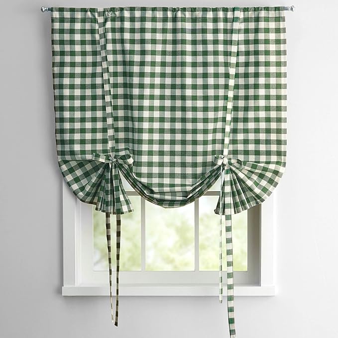 Sweet Home Collection Tie Up Shade Window Treatment Kitchen Window Curtain Shade, 84" Tieup, Buffalo Check Sage