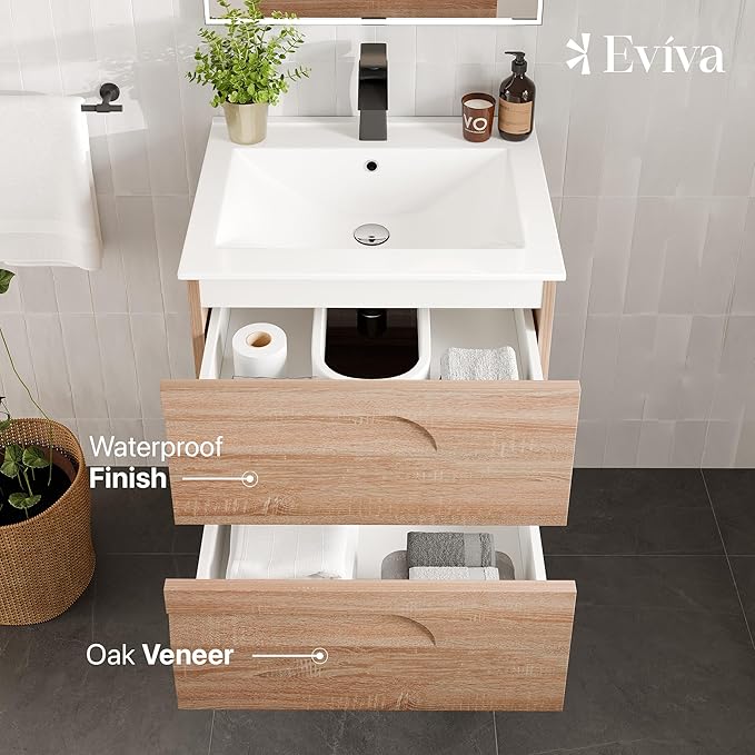 Eviva Joy 24 in. Maple Wall MountSingle Sink Bath Vanity with Porcelain Top and Integrated Sink