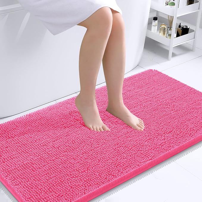 OLANLY Bathroom Runner Rugs 40x24, Extra Soft Absorbent Chenille Bath Rugs | Hot Pink, Quick-Drying Rubber Backing, Washable Long Bath Mat for Bathroom Floor, Tub and Shower, Home Decor Accessories