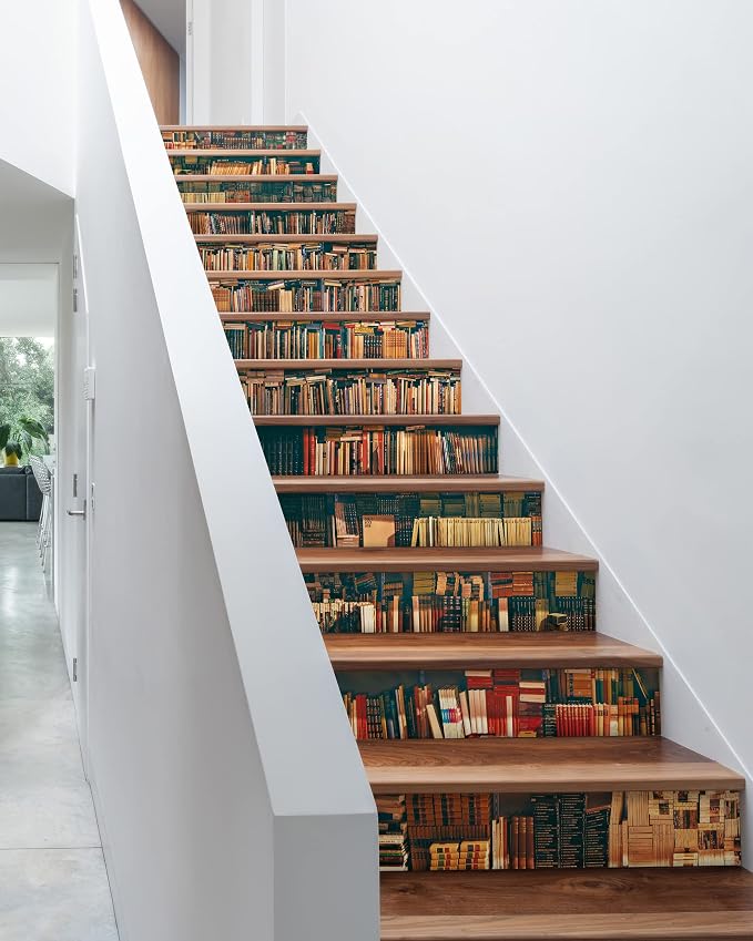 FLFK Stair Decals - Stair Stickers Decals Peel and Stick,Vintage Bookshelf Stair Risers Decals Self-Adhesive for Home Decor, 39.3" W x 7" H x 13Pcs