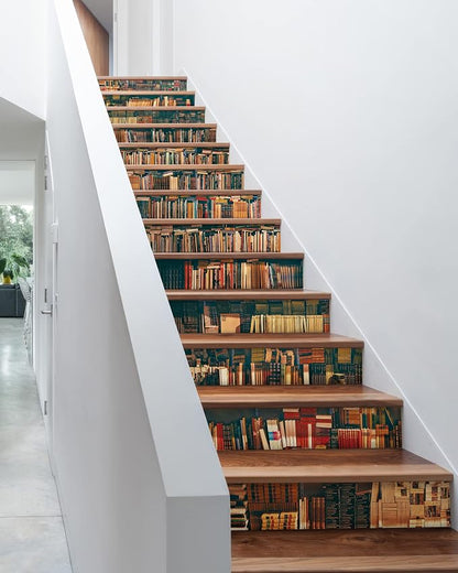 FLFK Stair Decals - Stair Stickers Decals Peel and Stick,Vintage Bookshelf Stair Risers Decals Self-Adhesive for Home Decor, 39.3" W x 7" H x 13Pcs