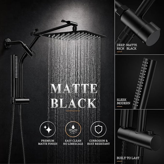 Veken All Metal 10" Luxurious Rain Shower Head with Handheld Spray,Square | Best Dual High Pressure Shower Heads Combo,Double Detachable Showerhead, Adjustable Rainfall,Bathroom Accessories,Matte Black