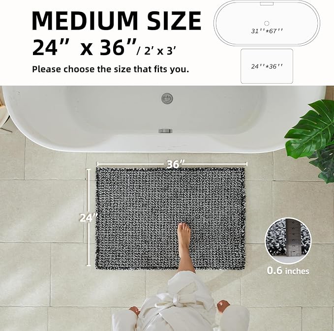 TYUU Waffle Bath Mat, Boho Bathroom Rugs Non Slip, 36x24 Black & White | Super Absorbent Quick Dry Bath Rug, Non-Slip Backing, Soft Waffle Washable Farmhouse Bathroom Mats, Tub, Shower & Home Decor