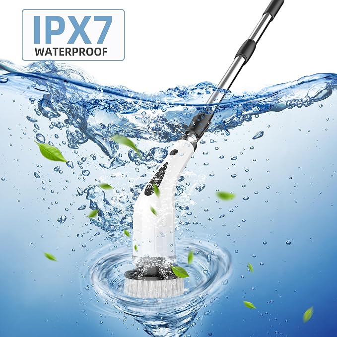 Electric Spin Scrubber, 3-Speed Flat End Brush with 8 Brush Heads & Base, IPX7 Waterproof, Adjustable Long Handle, Digital Display, 2500mAh Fast Charging, for Bathroom, Tub, Tile, Floor