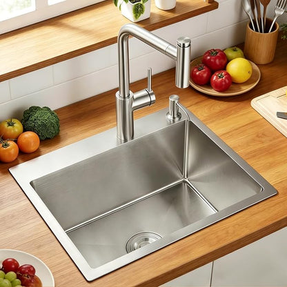 24x18 Inch Kitchen Sink Drop In, T-304 Grade Stainless Steel Sink | 9" Deep Single Bowl with Brushed Finish, R10 Tight Corner, 2 Holes, for Modern Kitchen/RV Sink