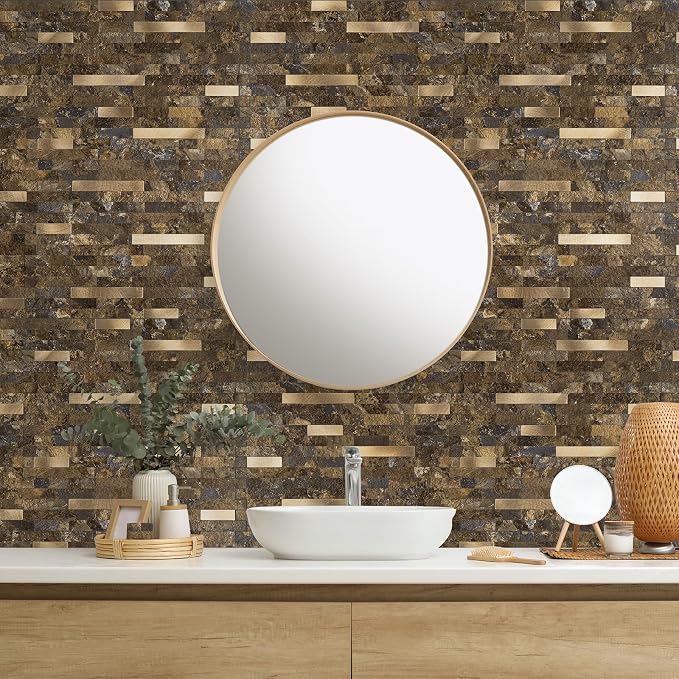 StyloVue 20 Sheets Peel and Stick Backsplash for Kitchen, Rust Slate with Metal Gold Look Stick on Tile Upgrade Your Kitchen Backsplash, RV, Fireplace