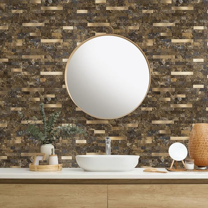 StyloVue 20 Sheets Peel and Stick Backsplash for Kitchen, Rust Slate with Metal Gold Look Stick on Tile Upgrade Your Kitchen Backsplash, RV, Fireplace