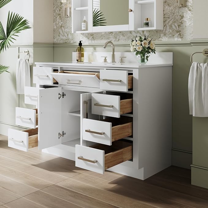48-Inch Bathroom Vanity with Sink W/ 2 Doors & 8 Drawers & 1 Flip Drawer, White Vanity W/Brushed Nickel Handles