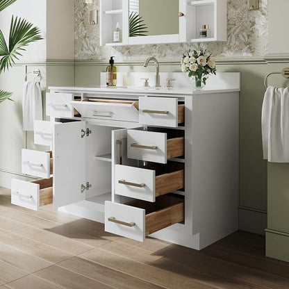 48-Inch Bathroom Vanity with Sink W/ 2 Doors & 8 Drawers & 1 Flip Drawer, White Vanity W/Brushed Nickel Handles