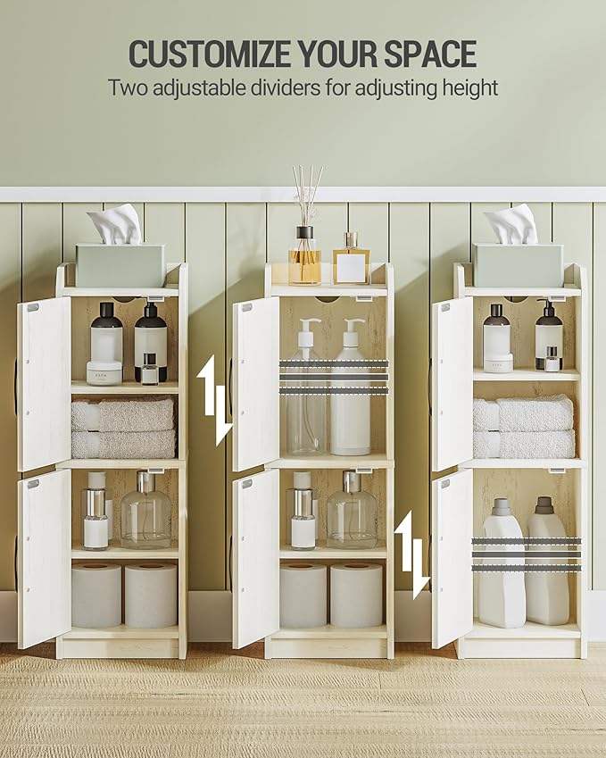 Bathroom Storage Cabinet, Small Corner Floor Cabinet with Door and Shelves, Narrow Bathroom Organizer and Paper Storage with Adjustable Shelves, for Small Spaces, Rustic White BC27114X