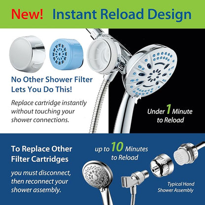 AquaCare Magneton 8-Mode High Pressure Handheld Shower Head w/Water Filter | Filters Chlorine & Toxins for Healthy Hair & Skin. Spaca-age Magnetic Docking, Hygienic Jets, Long 6 ft. Metal Hose / Chrome