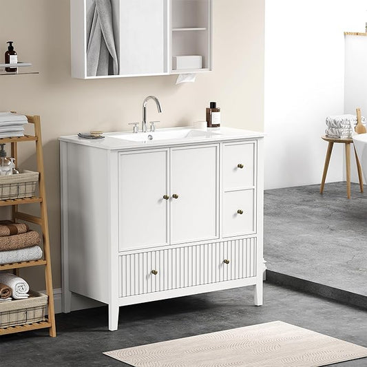 RoyalCraft 36'' Bathroom Vanity with Ceramic Sink Combo Set, Modern Wood Bathroom Cabinet with Soft Closing Doors and Fluted Drawers, Free Standing Storage Cabinet, White