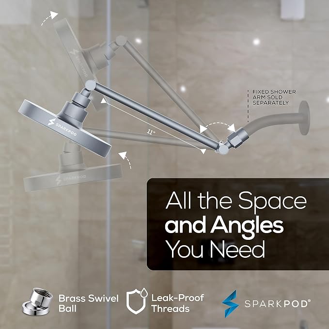 SparkPod 6" Round Rain Shower Head with 11" Shower Arm | Shower Head & Extension Arm Combo, Height Adjustable, High Pressure Performance, Easy 1-Minute Installation, Charcoal Grey