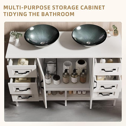 VNN 48 Inch Bathroom Vanity with Sink - Double Sink Bathroom Vanity, Freestanding Cabinet with Open Shelves and 6 Storage Drawers, Modern Iron Wood Cabinet with Countertop Tempered Glass Vessel, White
