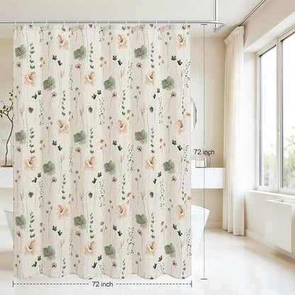 Sage Green Linen Watercolor Floral Fabric Shower Curtain, 72x72 | Linen Fabric, Modern Minimalist Floral Print, Machine Washable, Rustproof Grommets, for Bathroom Home