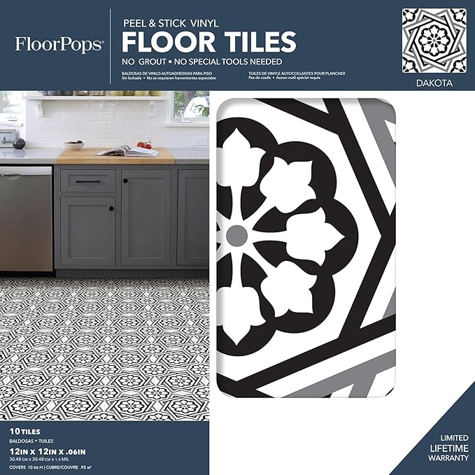FloorPops Black Dakota Peel & Stick Floor Tiles, FP4282