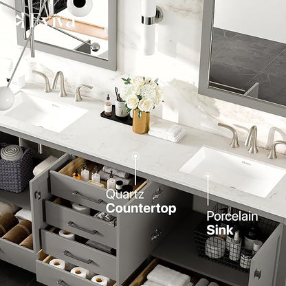 Eviva Aberdeen 84 in. Gray Double Sink Bath Vanity with Carrara Quartz Top and Undermount Porcelain Sinks
