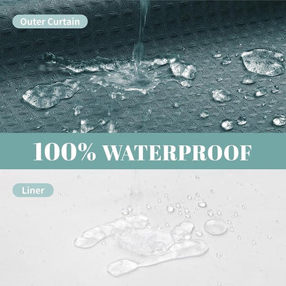 No Hook Waffle Shower Curtain with Snap-in Liner, 71x77 Inch, Seaweed Green | 230 GSM waffle weave fabric, waterproof liner set with 2 bottom magnets, mesh top window, washable, for bathroom or hotel use