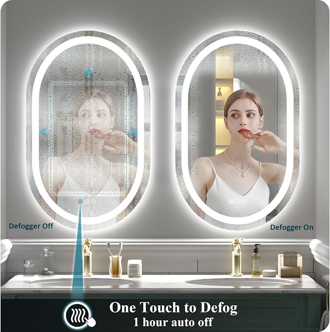 OKPAL 40x20 Oval Lighted Bathroom Mirror, LED Bathroom Mirror with Lights, Lighted Vanity Bathroom Mirror, Anti-Fog, Shatter-Proof, Dimmable, Memory, 3 Colors (Front Lights + Backlit)