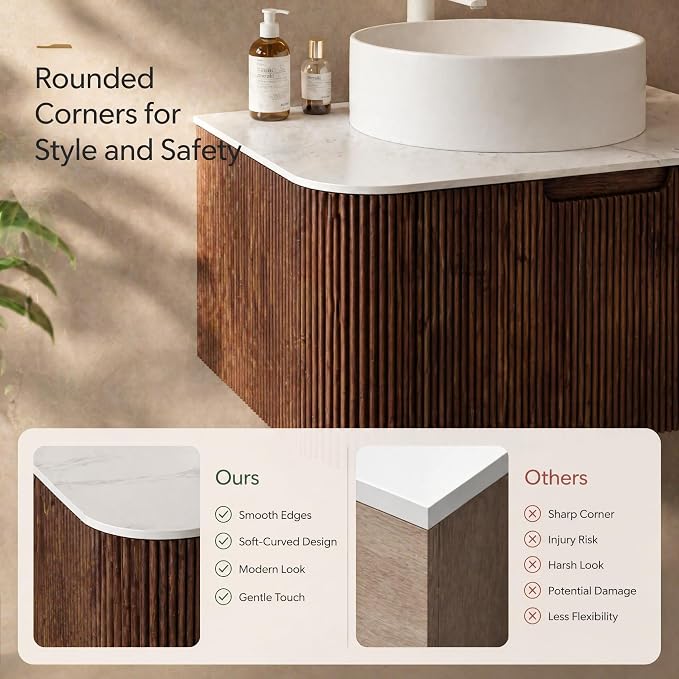 30 Inch Bathroom Vanity with Sink, Floating Wall Mounted Single Sink Vanity, Dark Walnut Curved Fluted Front, Stone Top, Pure White Round Vessel Basin, Pre-Assembled