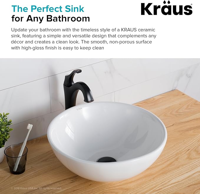 KRAUS Elavo Round Vessel White Porcelain Ceramic Bathroom Sink, 16 inch KCV-141
