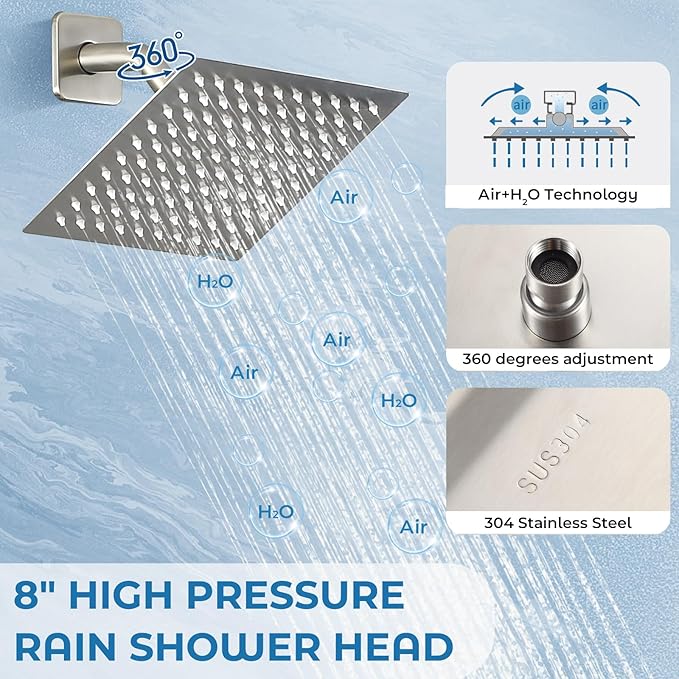 Shower Faucet Set with Tub Spout, 8 Inch Square Wall Mounted Rainfall Shower Head with Rough-in Valve Body, Bathroom Shower Trim Kit Single Function RV Shower System(Brush Nickel)