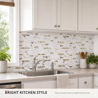 StyloVue 20 Sheets Peel and Stick Backsplash for Kitchen, Volakas White Marble Look with Gold Metal, Stick on Tile for Kitchen Backsplash, RV, Fireplace