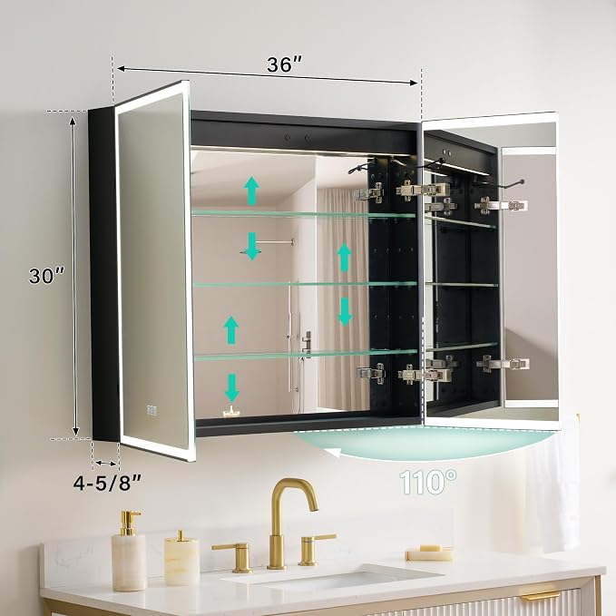 36" X 30" LED Mirrored Medicine Cabinet, Bathroom Medicine Cabinets with Lights for Bathroom, Defogging Function Mirror Cabinet, Medicine Cabinet with USB Port & Outlet, Double Doors