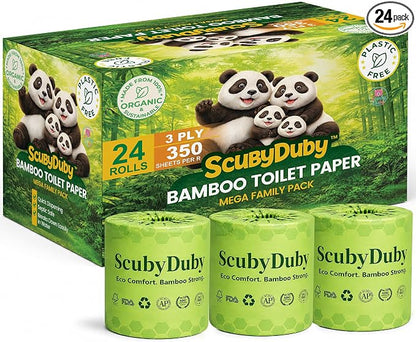 Premium & Soft Bamboo Toilet Paper | PFAS Free | 24 Mega Rolls, 3 ply & 350 Sheets | Non Toxic, Septic Safe, BPA Free | Tree Free Toilet Tissue | Plastic Free Packaging