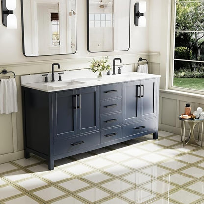 72-Inch Bathroom Vanity with Sink, 4 Soft-Close Doors and 6 Soft-Close Drawers, Bathroom Freestanding Vanity with Cultured Marble Countertop, Navy Blue Vanity with Matte Black Handles
