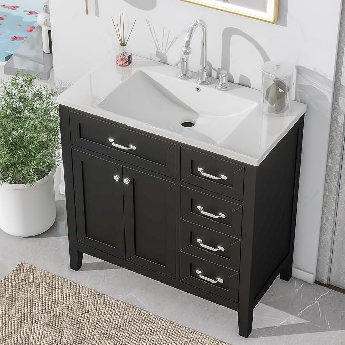 36 Inch Bathroom Vanities with Undermount Ceramic Sink, Storage Cabinet with Soft Closing Doors and Three Drawers, Solid Wood Frame, Black