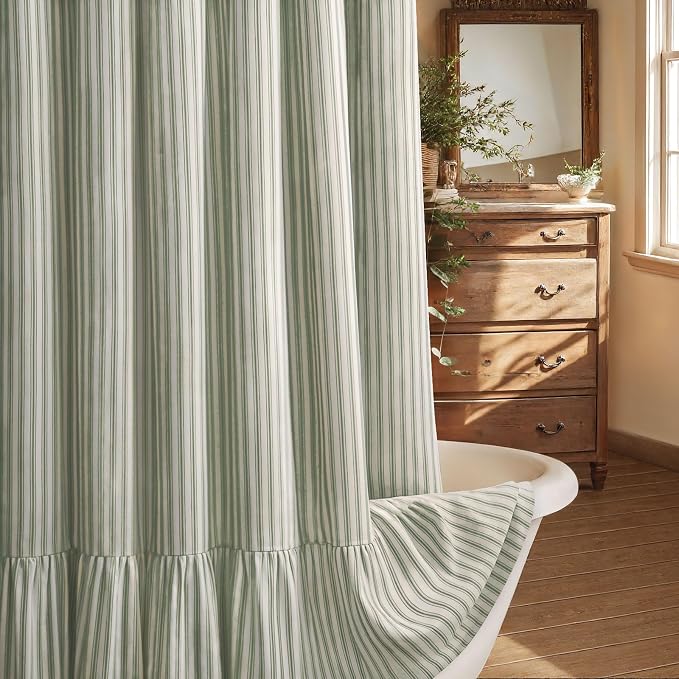 Farmhouse Shower Curtain Ruffle Linen Cream-Green Stripe 72"W x 96"L | Farmhouse Boho, Striped, Bottom Ruffle, Linen Fabric, Rustic, Country, Natural Look, Washable, for Bathroom Bathtub