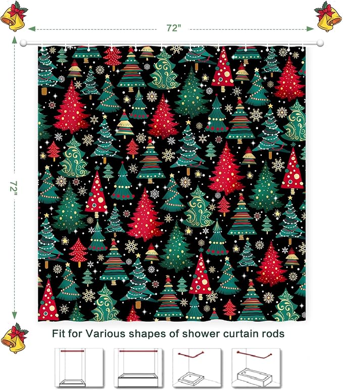Shower Curtain Christmas, Holiday Shower Curtain Red Green Christmas Tree Snowflake ShowerCurtain Sets Waterproof Polyester Fabric Machine Washable Home Farmhouse Decor Bathroom Curtains
